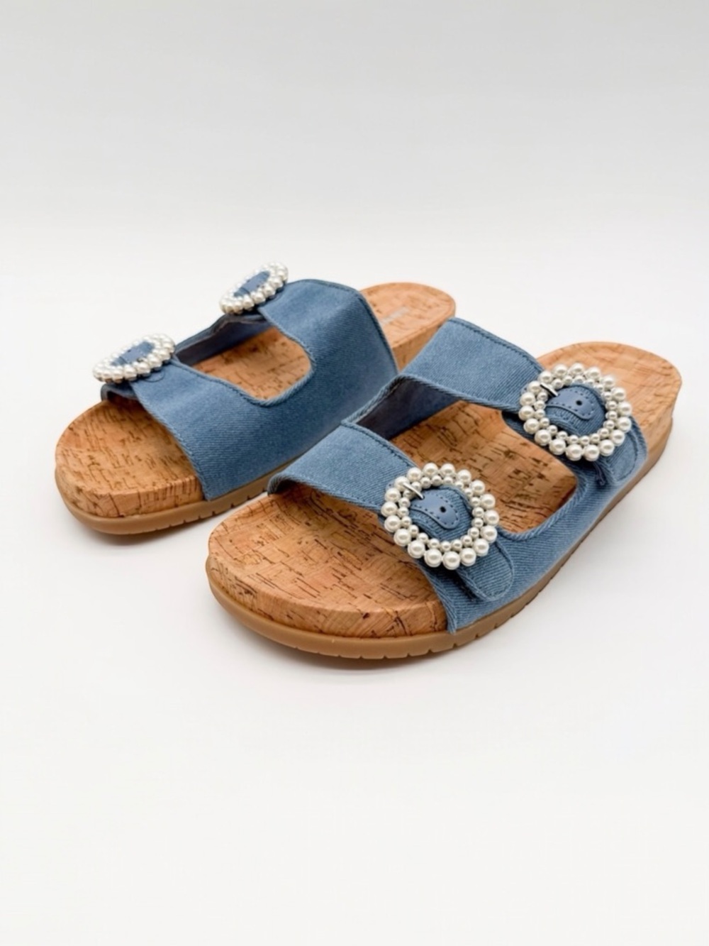 Anne Klein Happy Pearl Buckle Cork Footbed Slide Sandals Denim Blue 11 NEW